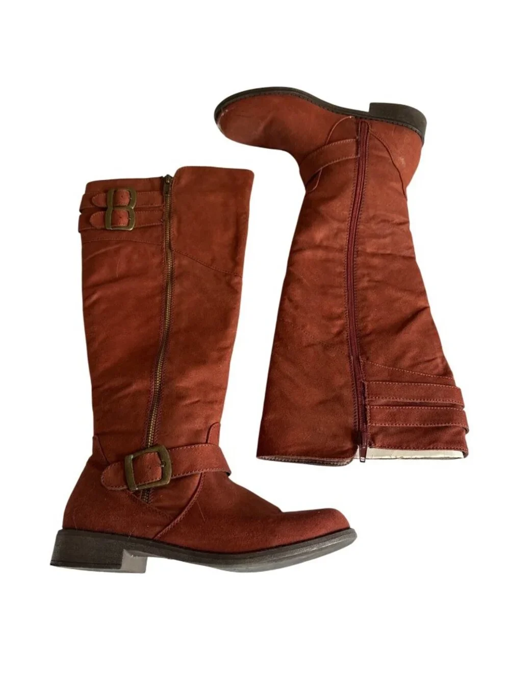 Zobia Womens Rust Knee-High Boots Buckle Detail & Side Zipper US 8 Faux Suede